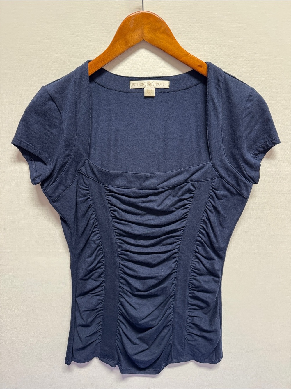 Boston Proper Navy Ruched Square-Neck Short Sleeve Top